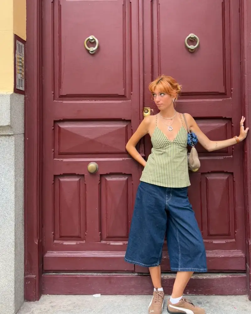 Green Striped Cami and Denim Culottes