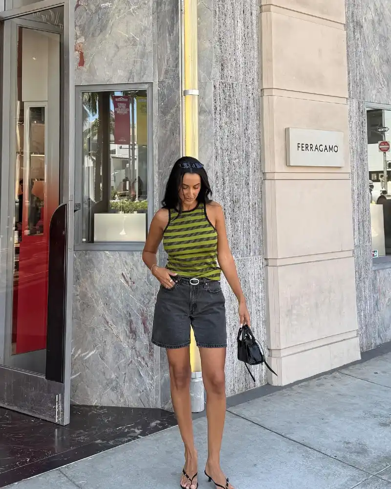 Green and Black Stripes with Denim Shorts