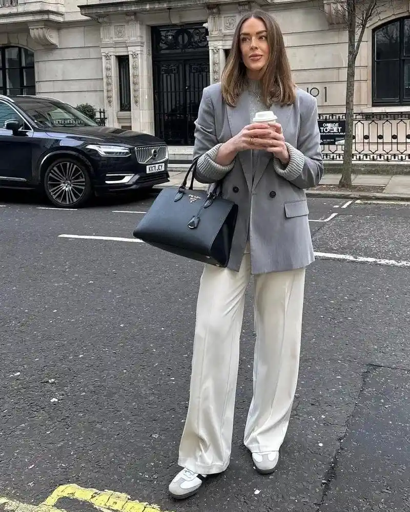 Grey Blazer & Cream Wide-Leg Trousers
