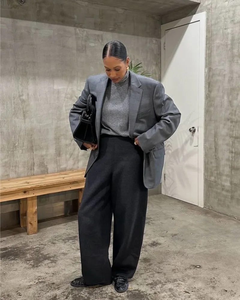 Grey Blazer Layered Over Turtleneck with Wide-Leg Trousers