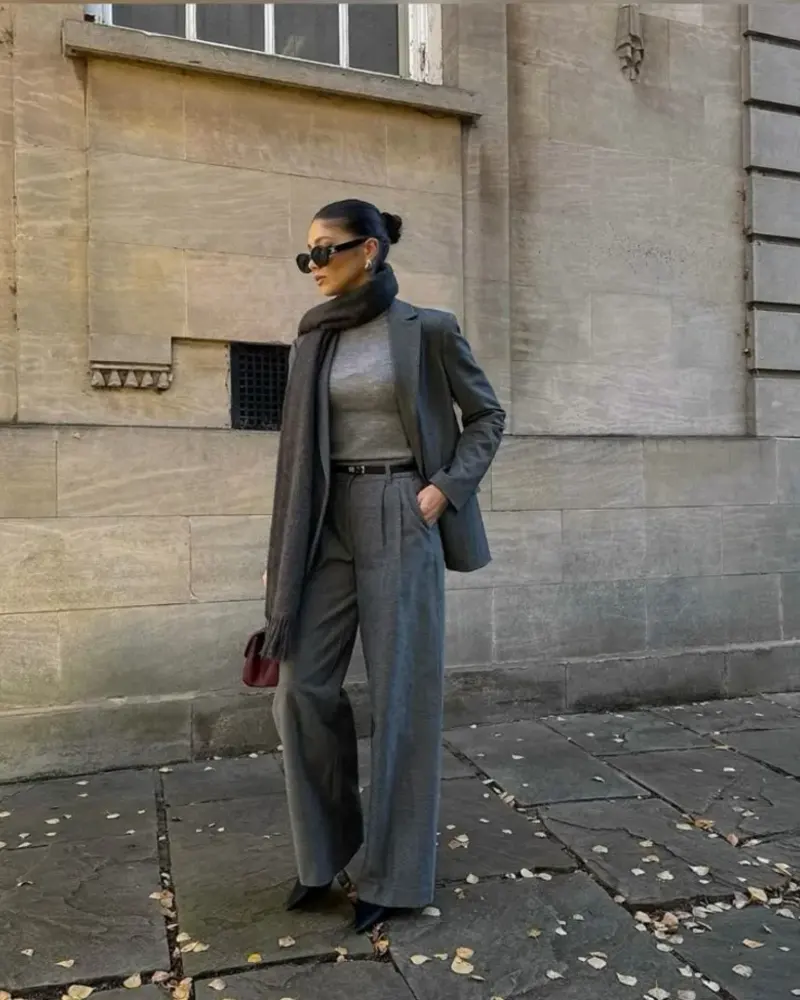 Grey Blazer + Turtleneck + Wide-Leg Trousers