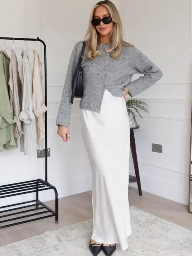 Grey Cardigan + Ivory Slip Skirt