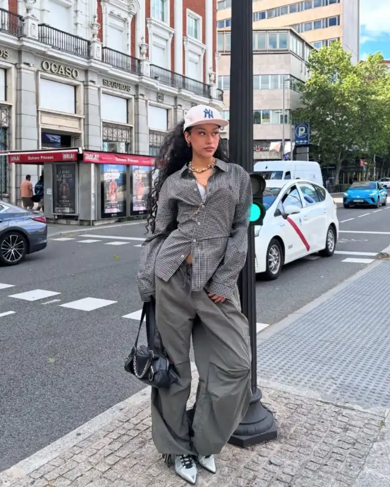 Grey Gingham Shirt with Olive Cargo Trousers