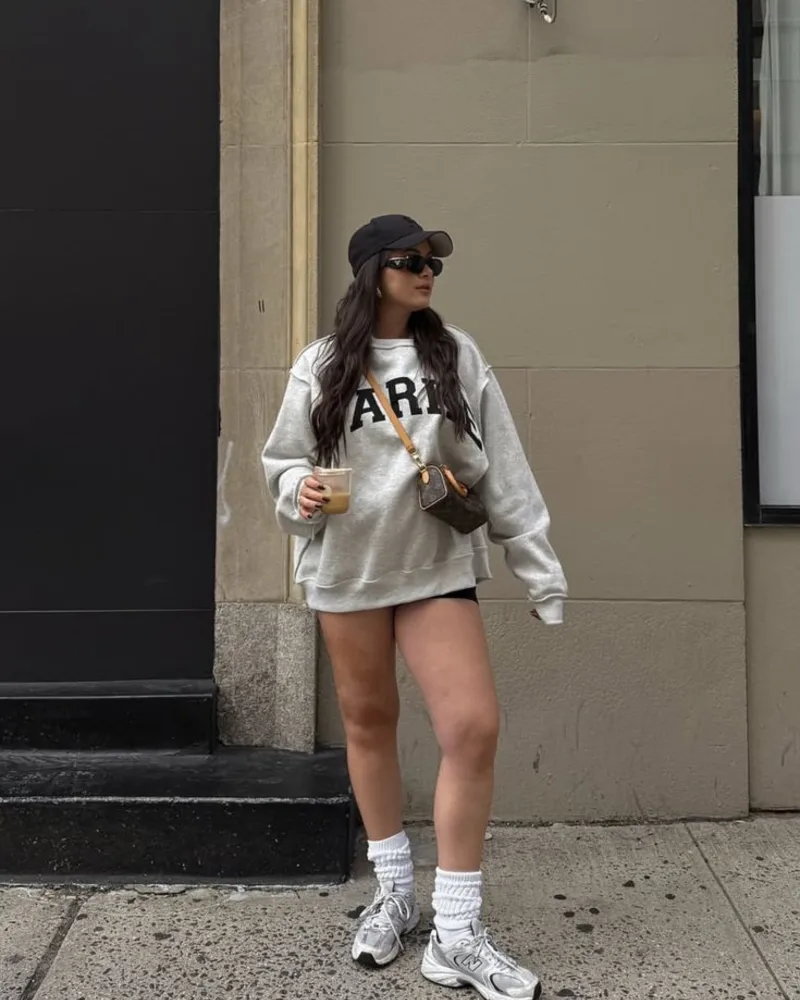 Grey Graphic Sweatshirt + Black Mini Shorts