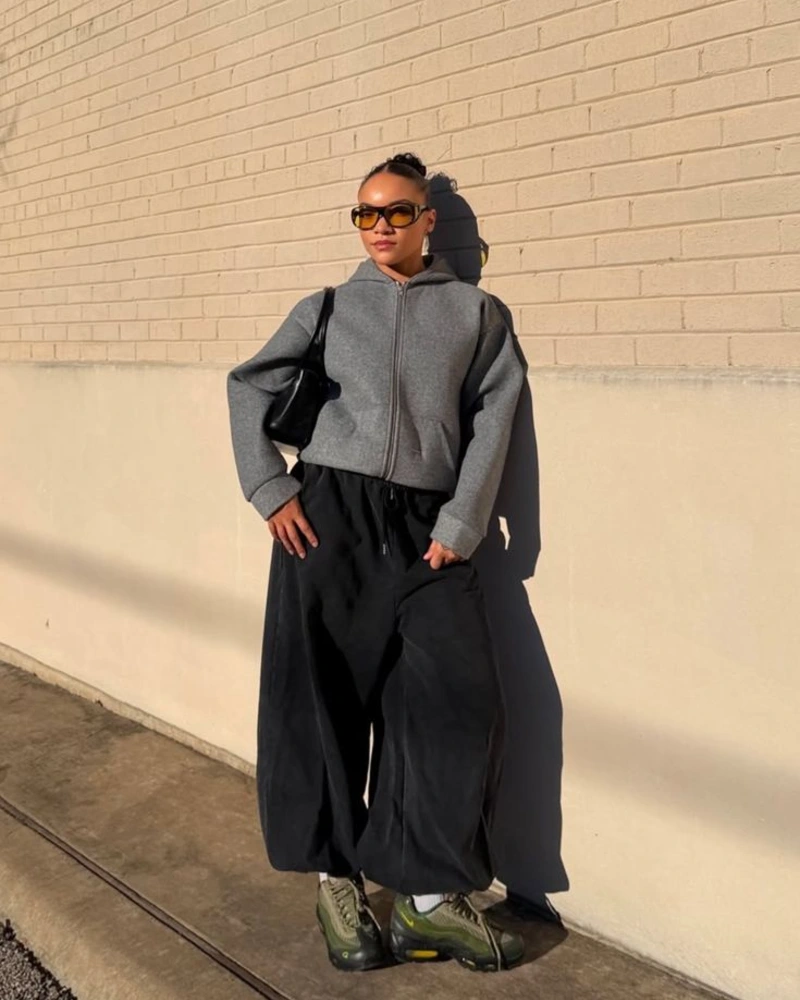 Grey Hoodie, Black Wide Pants
