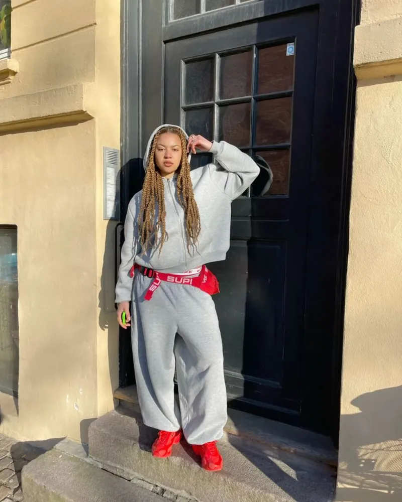 Grey Hoodie Set, Red Belt Bag