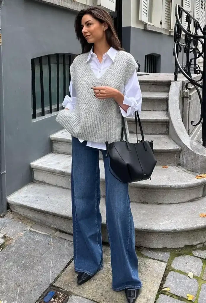 Grey Knit Vest + White Shirt + Blue Denim