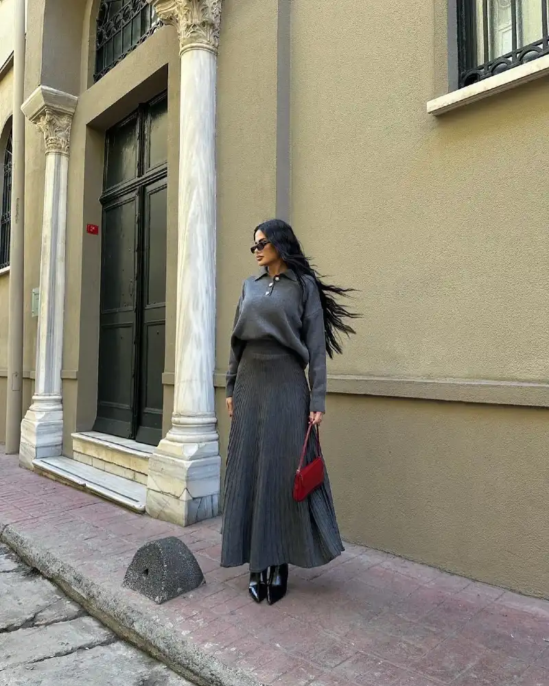 Grey Polo Sweater and Pleated Midi Skirt