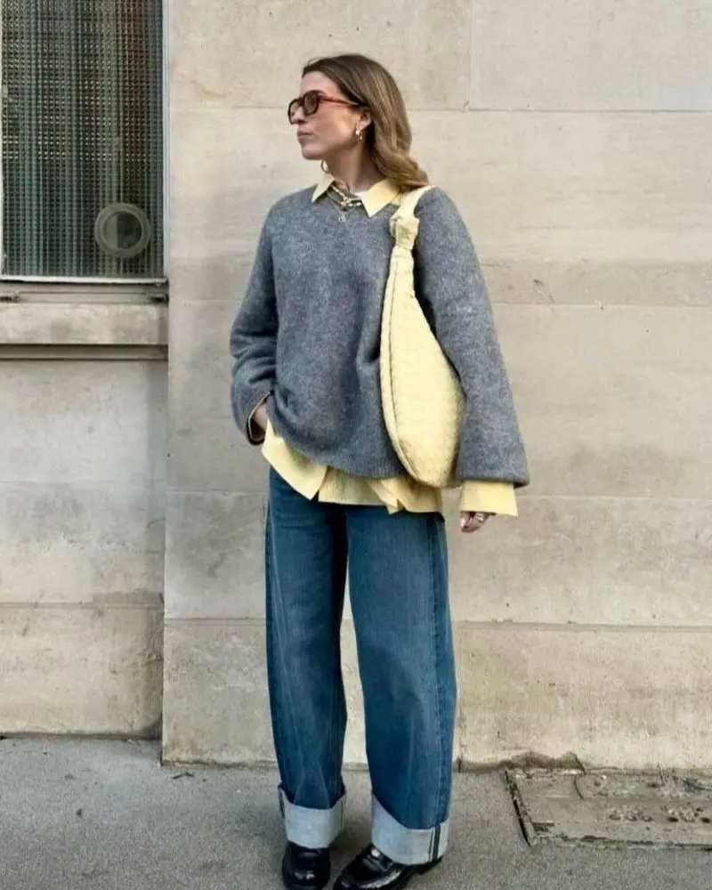 Grey Sweater Over Yellow, Cozy Color Play