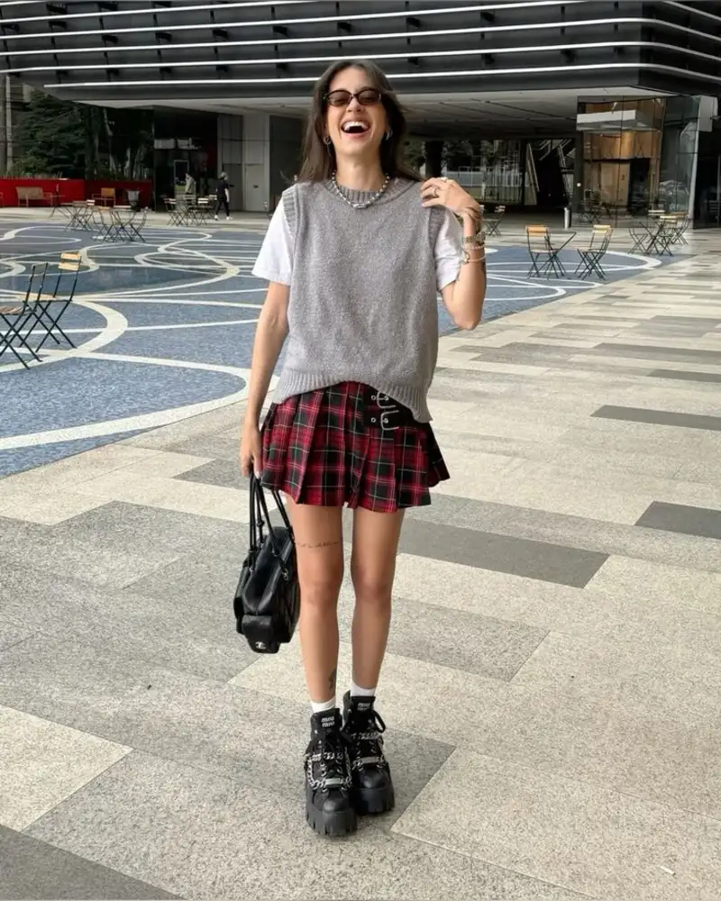 Grey Sweater Vest and Plaid Mini Skirt