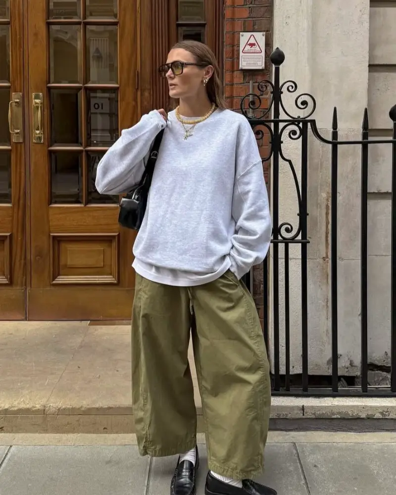 Grey Sweatshirt & Olive Barrel Trousers