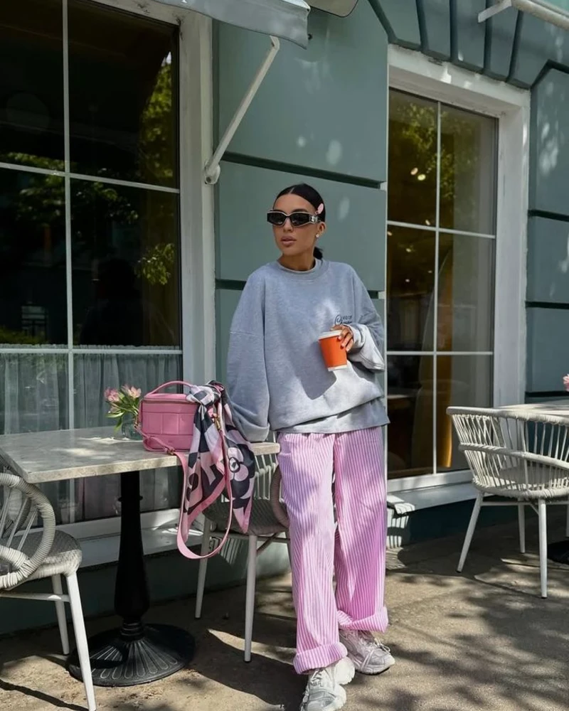 Grey Sweatshirt & Pink Stripe Corduroy