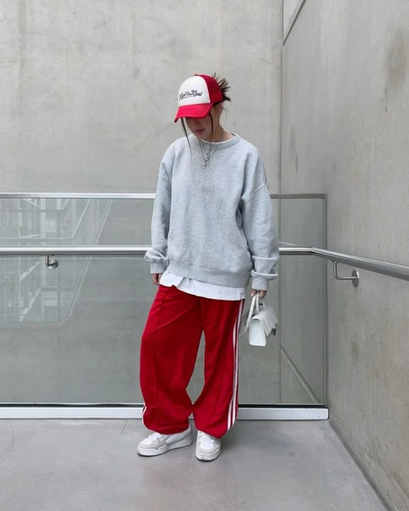 Grey Sweatshirt & Red Track Pants