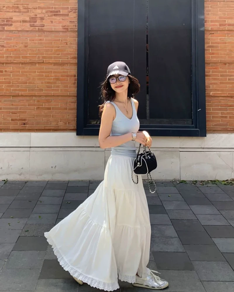 Grey Tank & White Tiered Skirt