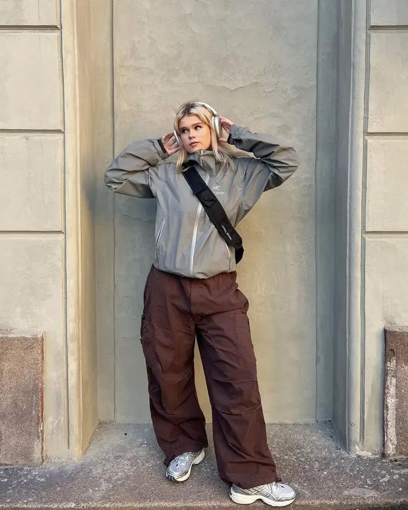 Grey Technical Jacket + Crossbody Sling + Chocolate Cargo Pants