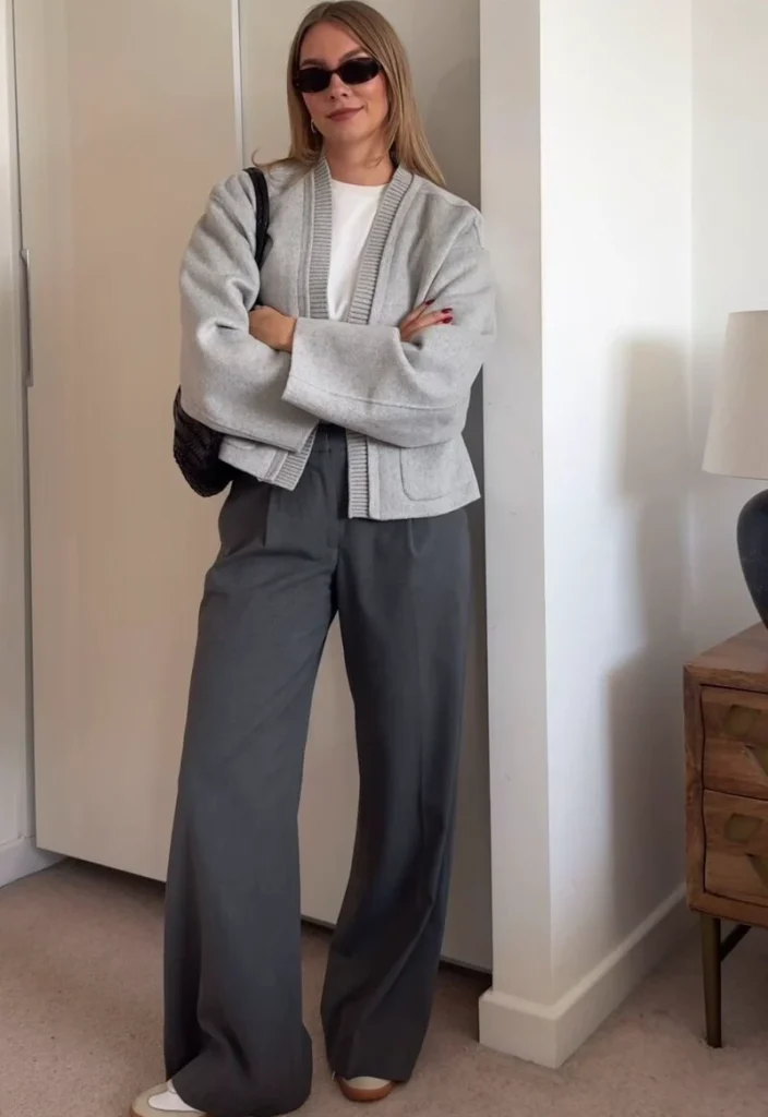 Grey Trim Cardigan + Wide-Leg Trousers