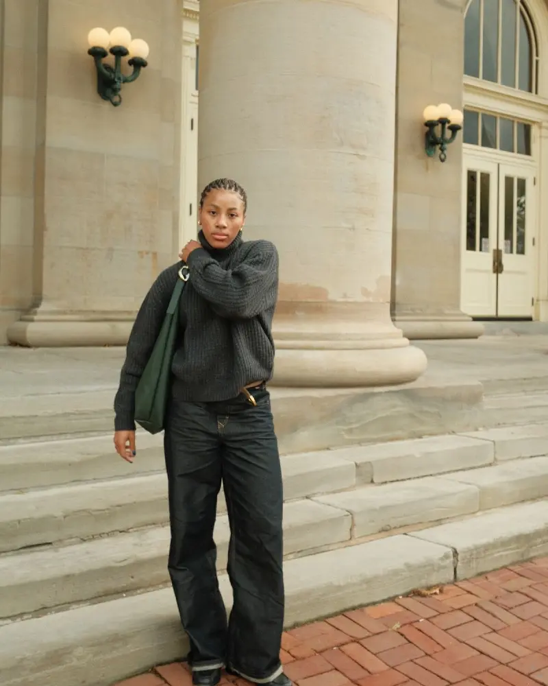 Grey Turtleneck & Black Wide-Leg Trousers