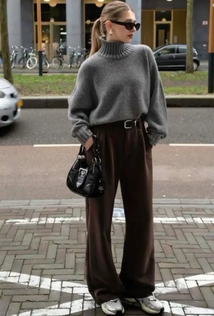 Grey Turtleneck, Brown Wide Leg Trousers, Sneakers
