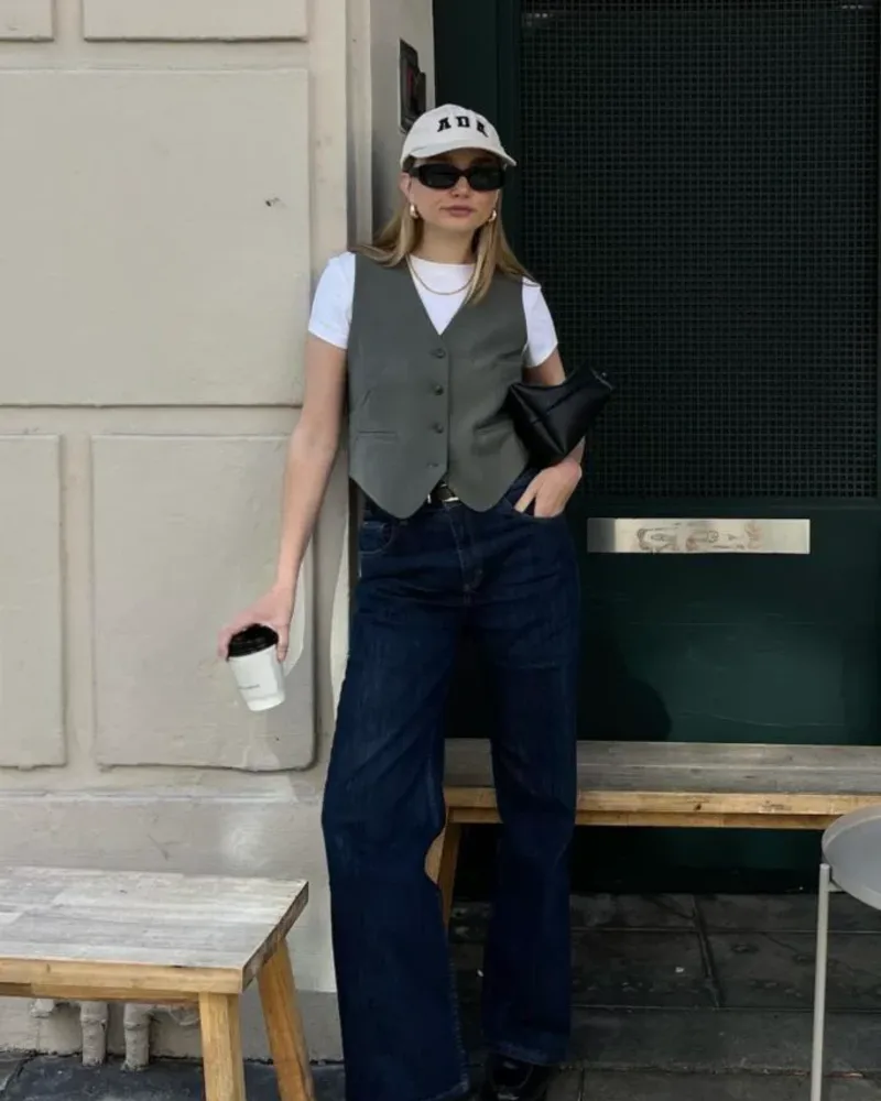  Grey Vest + White Tee + Dark Wash Jeans