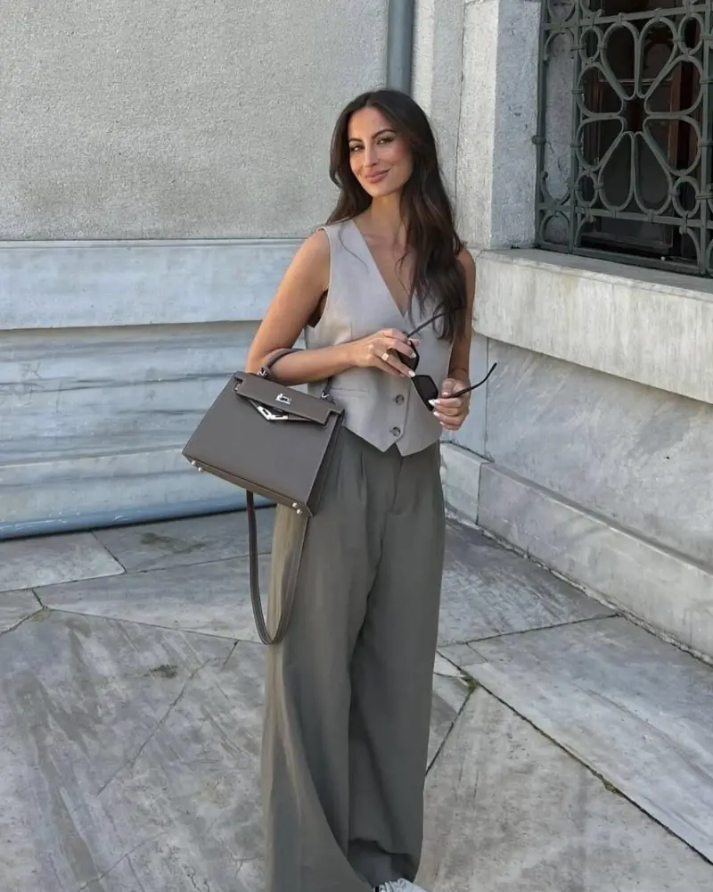 Grey Vest + Wide-Leg Trousers