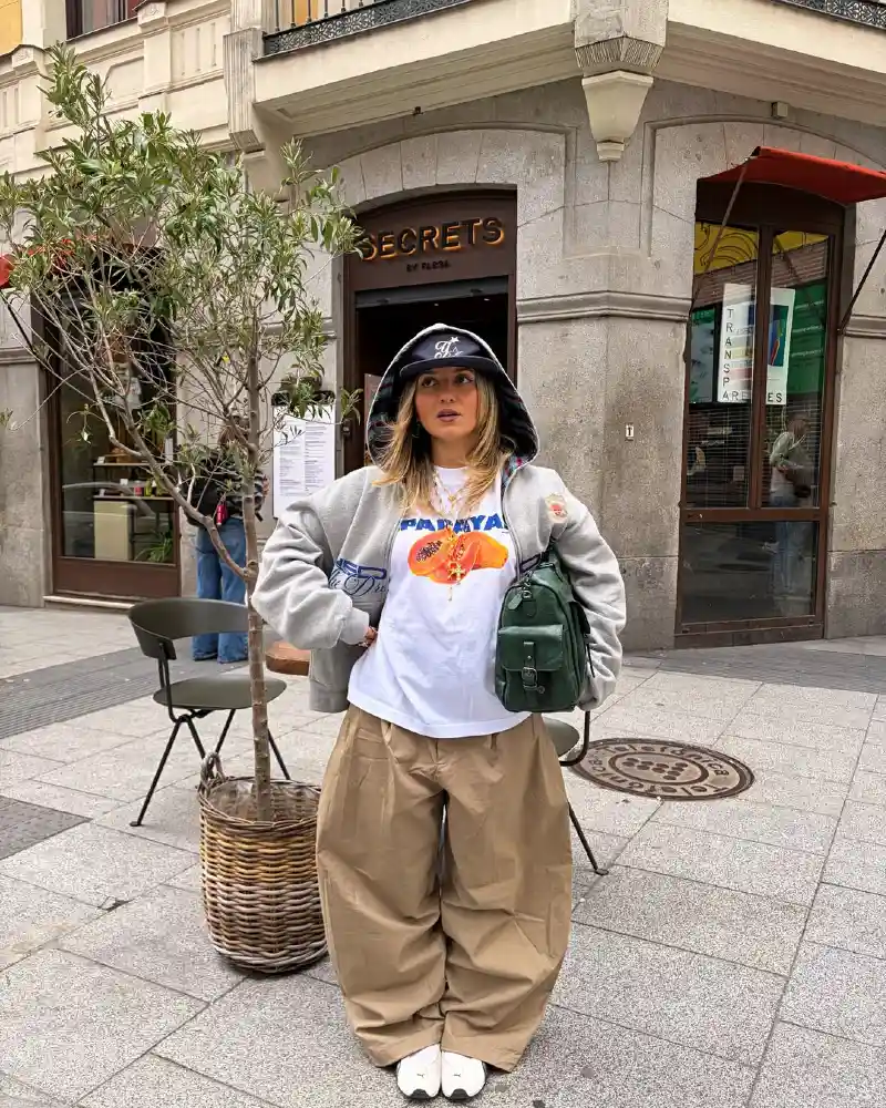 Grey Zip Hoodie, Graphic Tee, Tan Parachute Pants