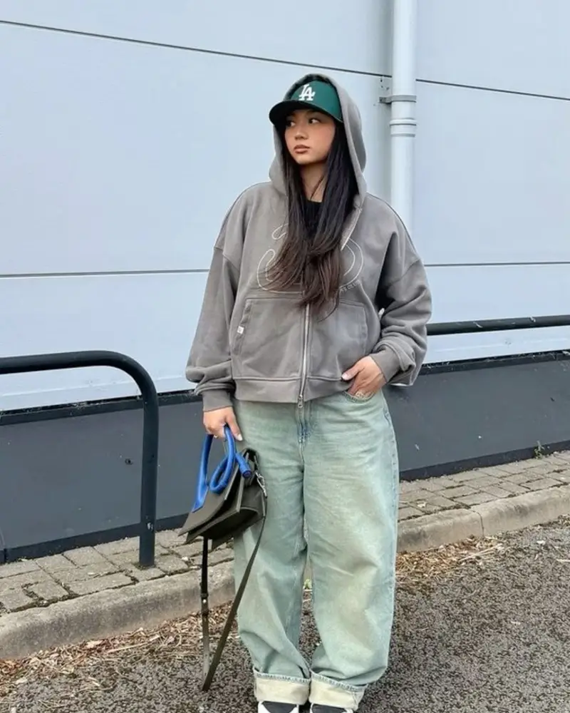 Grey Zip-Hoodie + Sage Wide-Leg Jeans