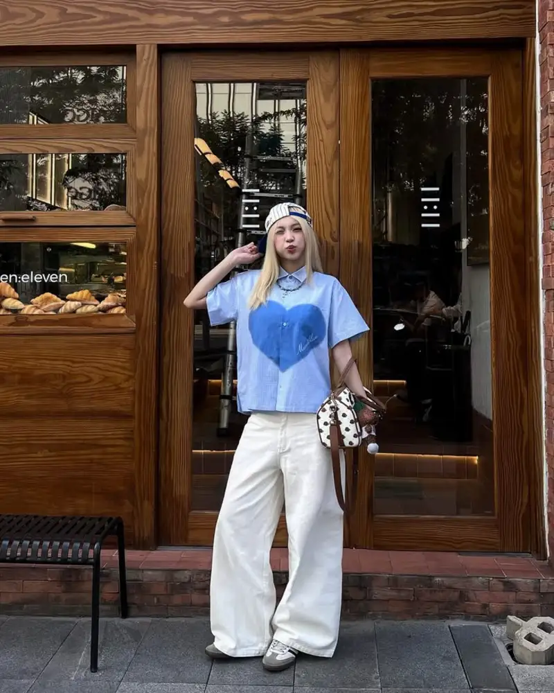 Heart Graphic Shirt & White Wide Pants