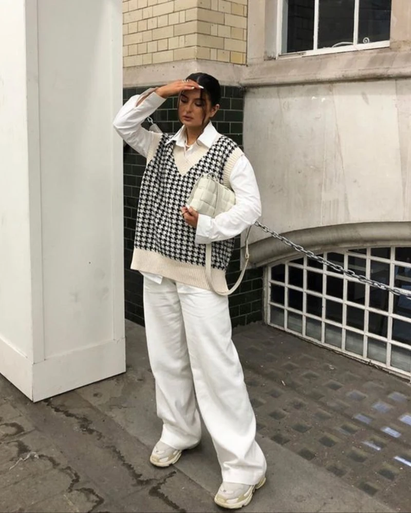 Houndstooth Knit Vest + White Shirt + White Trousers