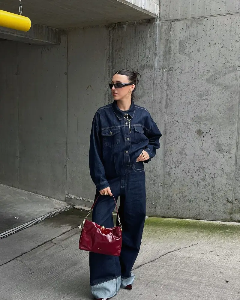 Indigo Denim Jacket & Wide Jeans, Burgundy Accents