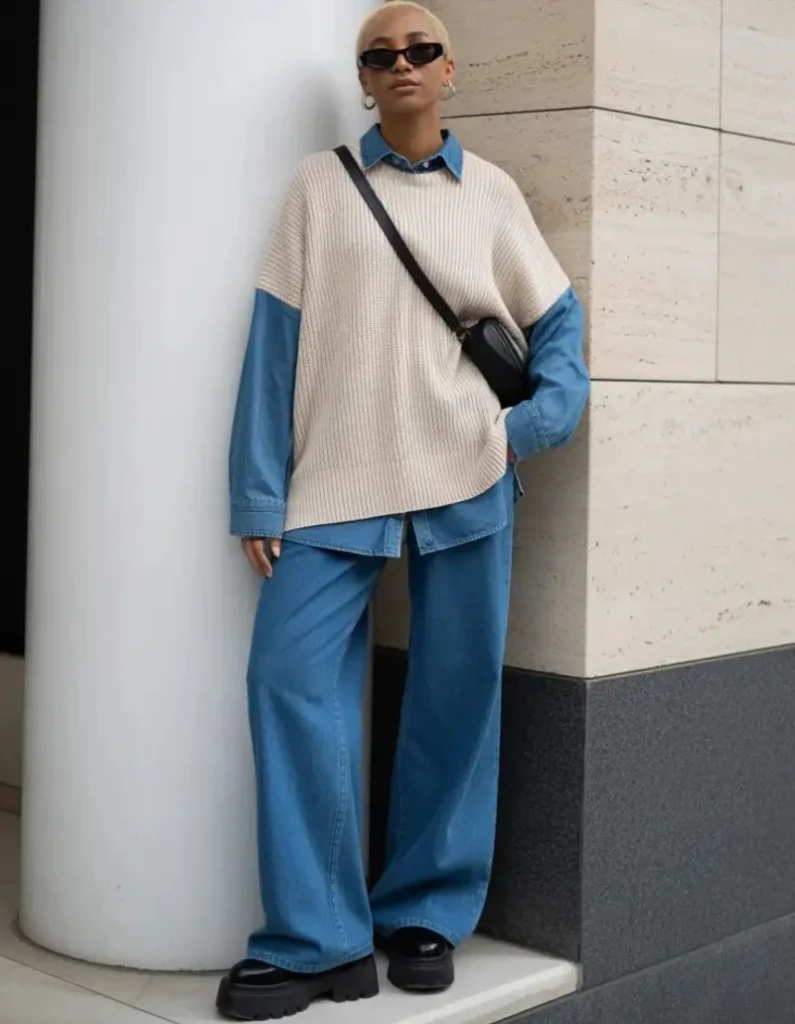 Ivory Colorblock Knit Over Denim Shirting