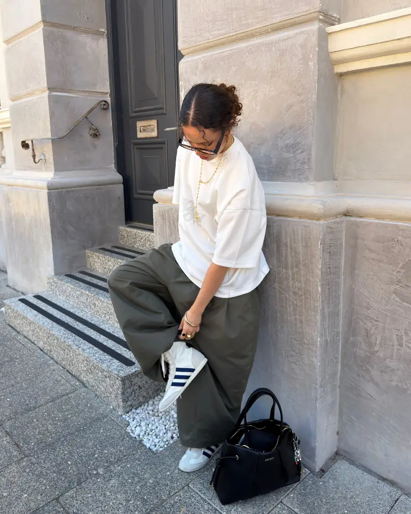 Ivory Tee, Olive Wide-Leg Trousers