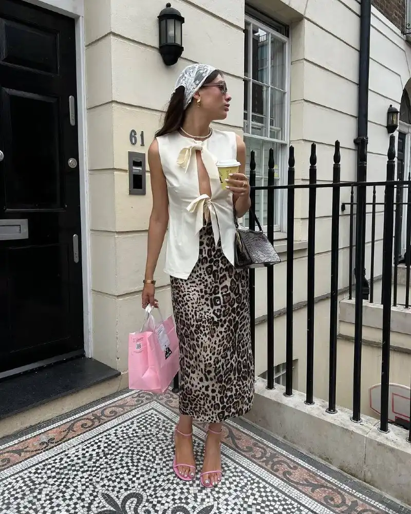  Ivory Tie-Front Top & Leopard Print Skirt