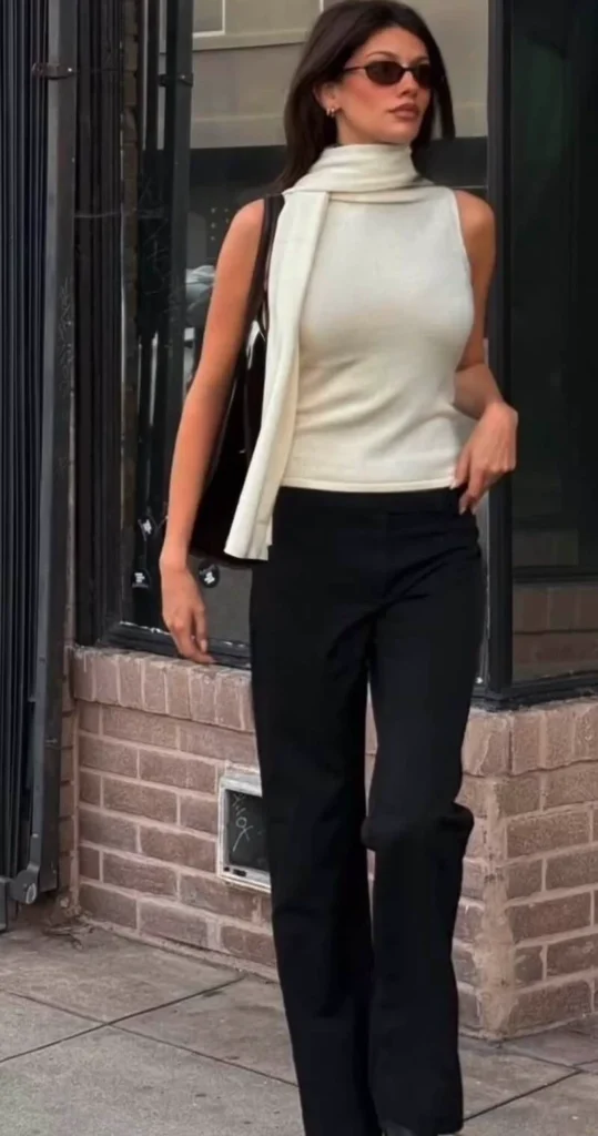 Ivory Turtleneck with Scarf, Black Trousers