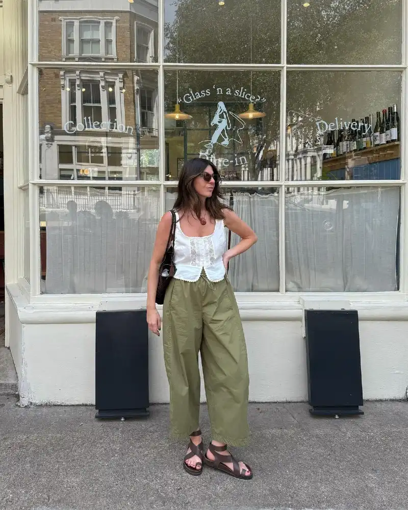 Lace-Trim Cami & Olive Balloon Trousers