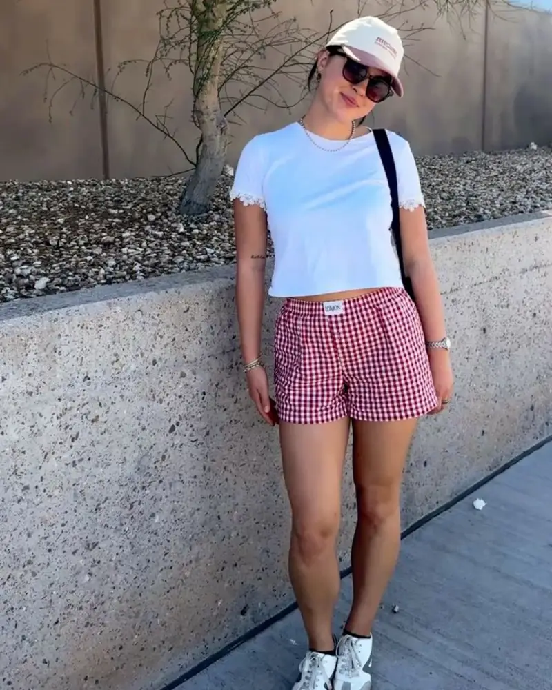 Lace-Trim Tee With Gingham Shorts