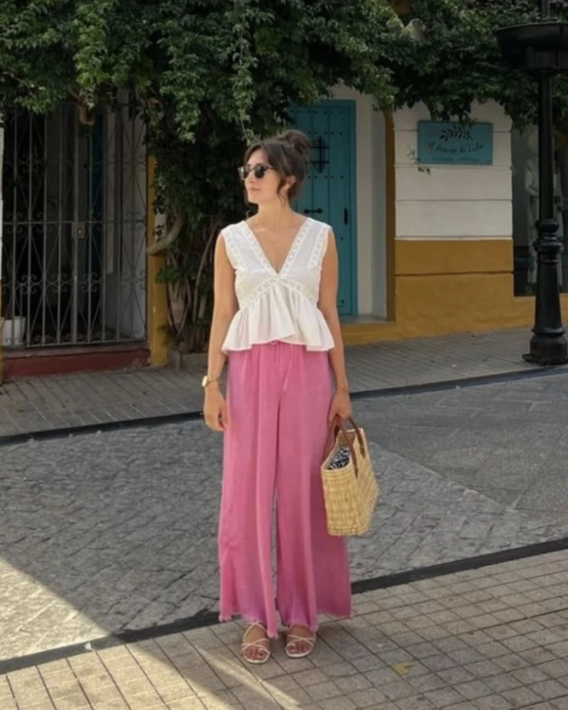 Lace V-Neck Top & Pink Trousers