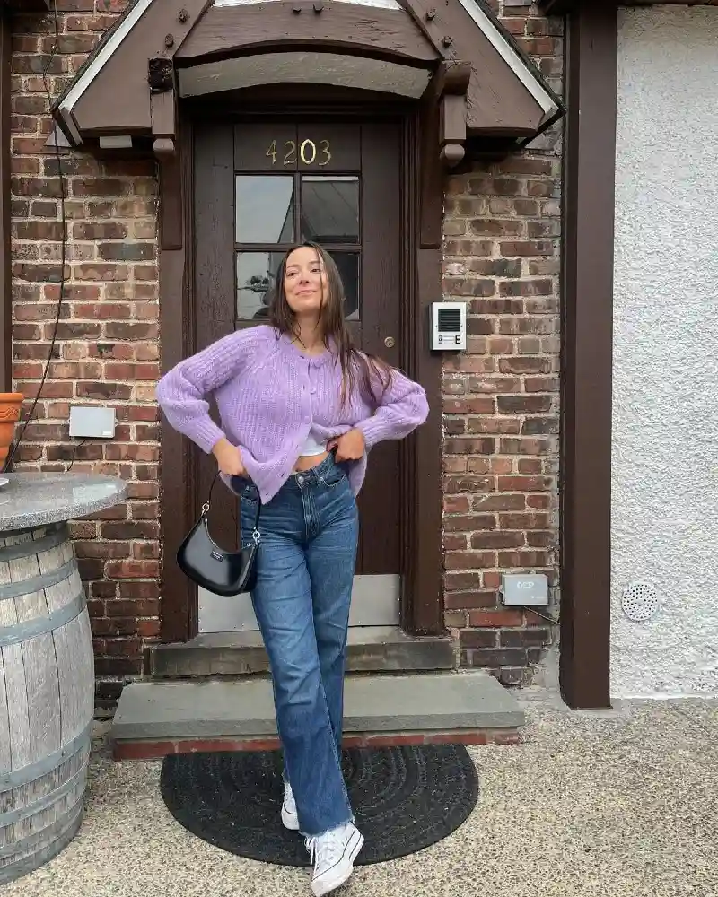Lavender Cardigan + Straight-Leg Jeans