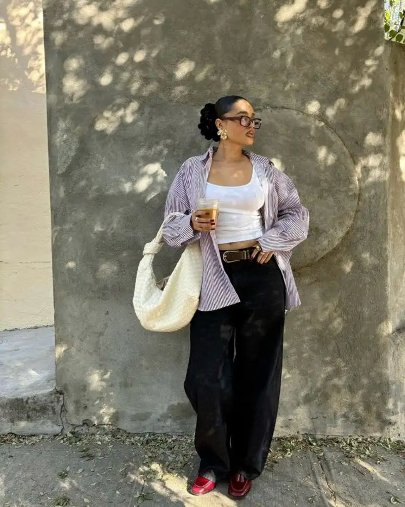Lavender Striped Shirt with Black Trousers