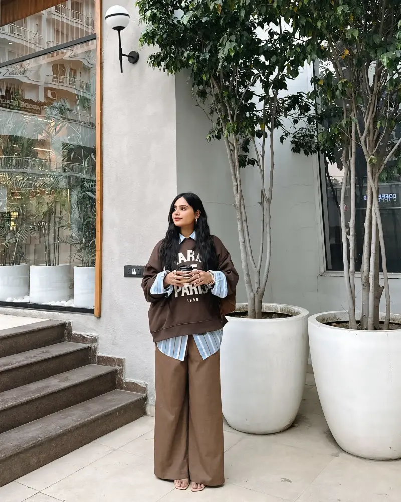 Layered Graphic Sweatshirt + Wide-Leg Trousers