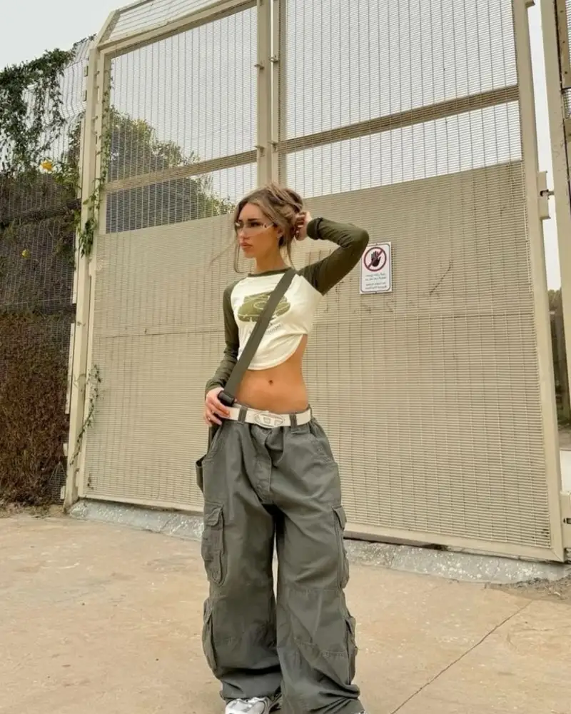 Layered Graphic Top & Olive Cargo Pants