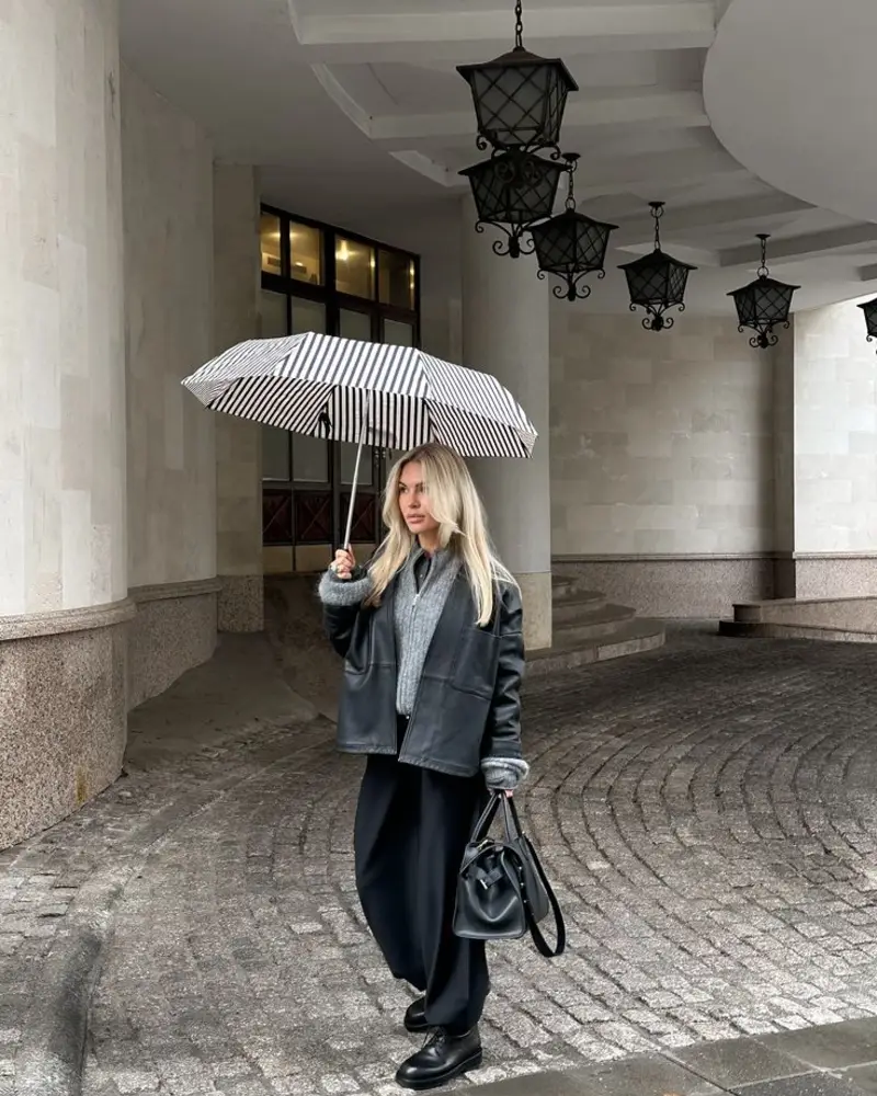Layered Knit, Leather Jacket, and Wide-Leg Trousers