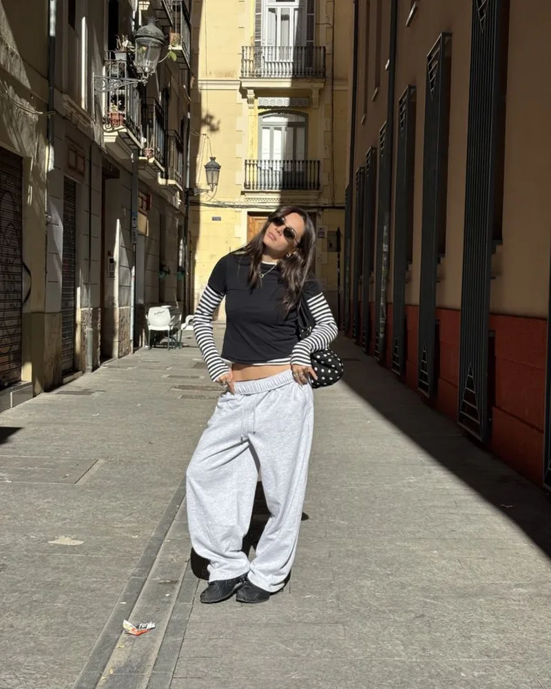 Layered Striped Sleeves + Grey Sweatpants