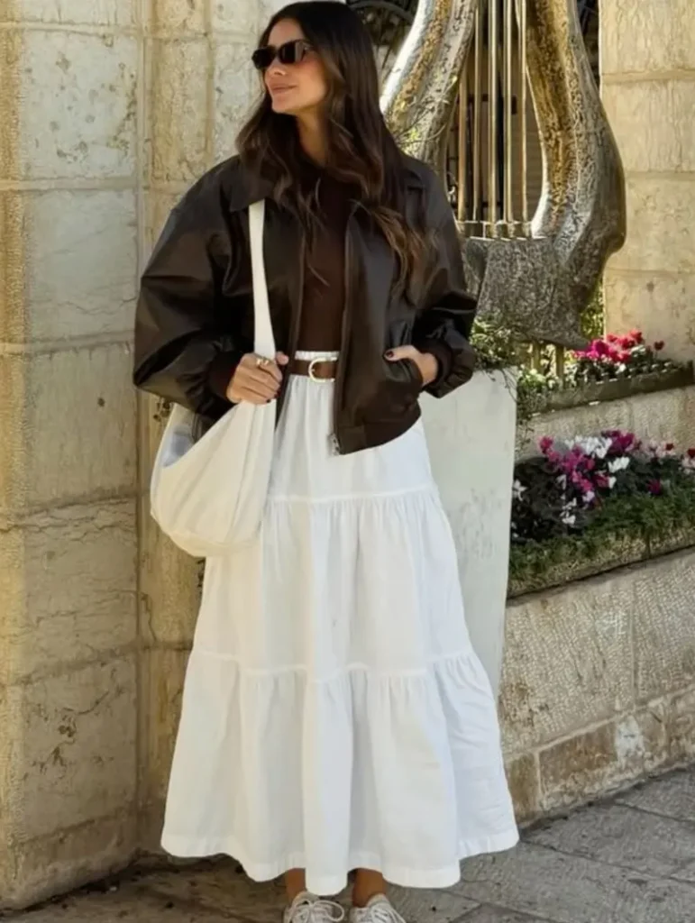 Leather Bomber Over a Tiered Midi Skirt