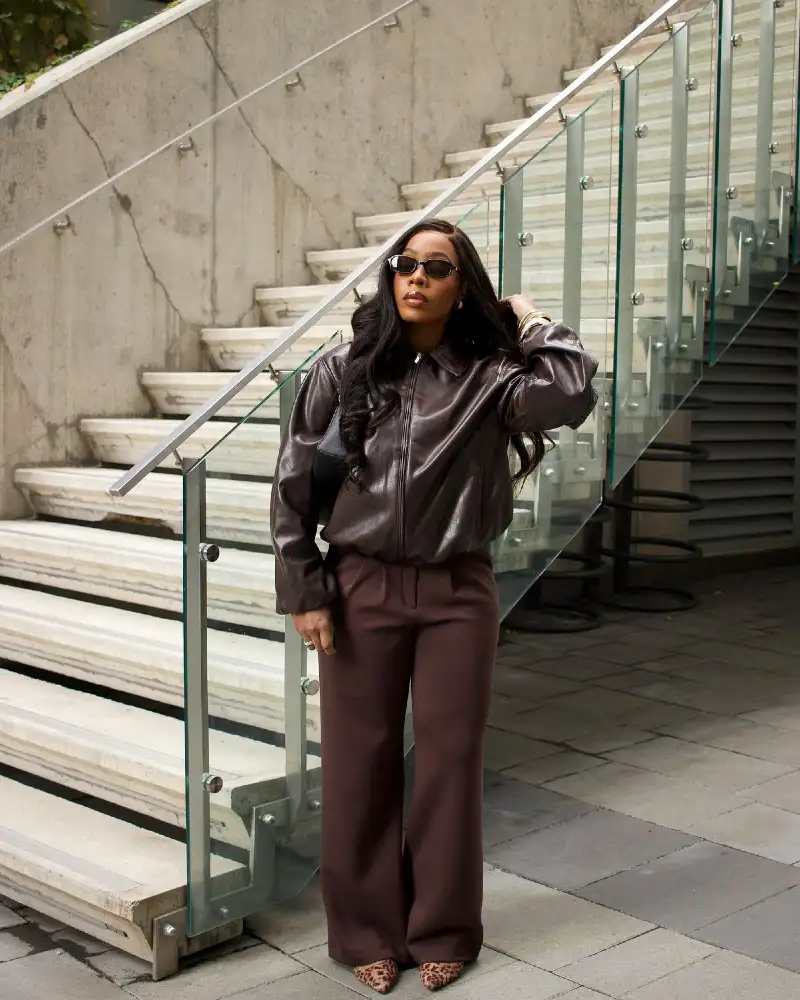 Leather Bomber + Wide-Leg Trousers