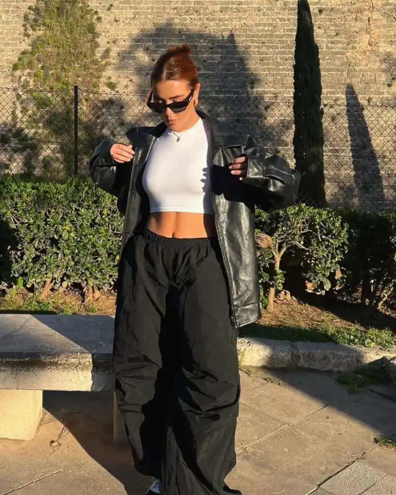 Leather Coat, Crop Top & Parachute Pants