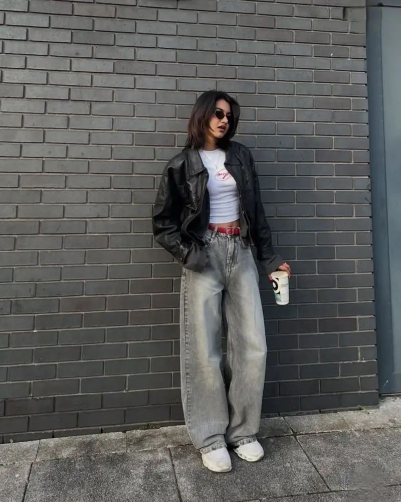 Leather Jacket + Graphic Tee + Grey Wide-Leg Jeans