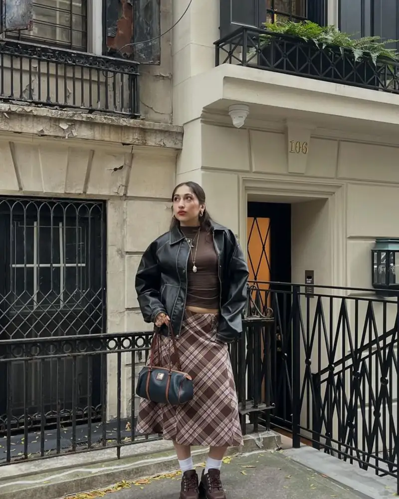 Leather Jacket & Plaid Midi Skirt