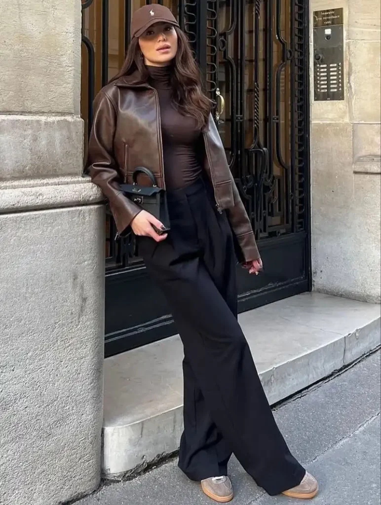 Leather Jacket + Turtleneck + Black Trousers + Cap