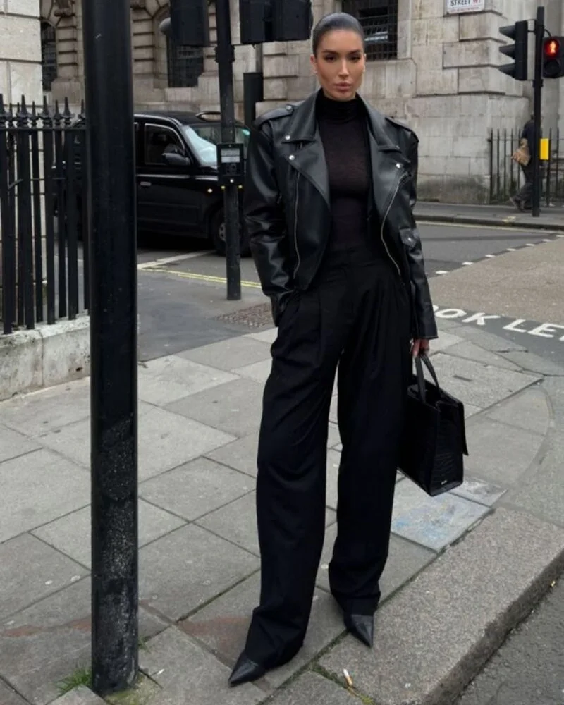 Leather Jacket With Turtleneck and Tailored Trousers