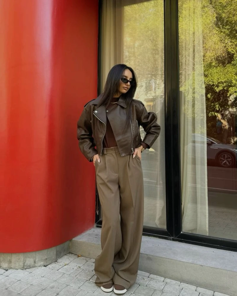 Leather Moto Jacket + Taupe Trousers